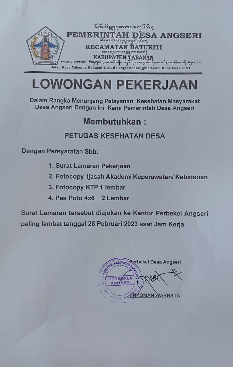 Pengumuman : Lowongan Pekerjaan Pemerintah Desa Angseri untuk Tenaga Kesehata Desa (POSKESDES)